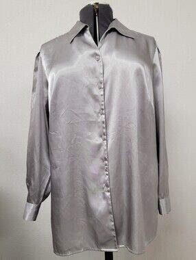 Laura Scott Silver Satin Button-Up Dress Shirt